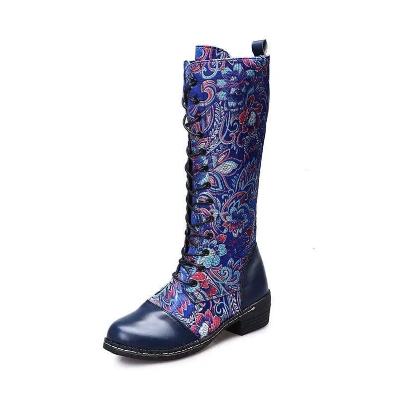 Flowers Print Long Boots WInter Retro Ethnic Style Shoes-Blue-5