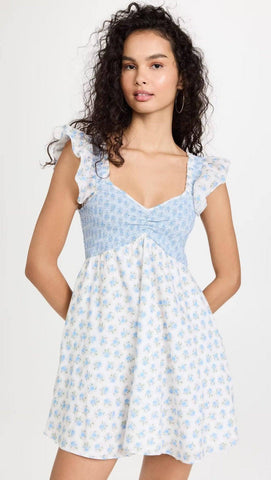 French Vacation Style Small Blue Flowers Elastic Loose Dress-2