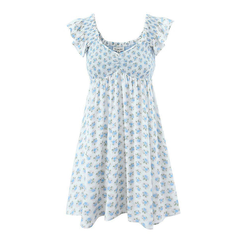 French Vacation Style Small Blue Flowers Elastic Loose Dress-Blue Rose-6