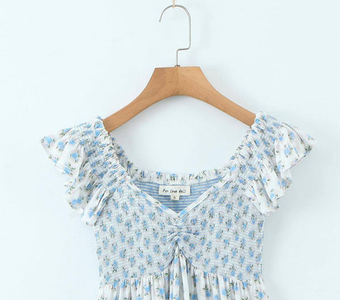 French Vacation Style Small Blue Flowers Elastic Loose Dress-9