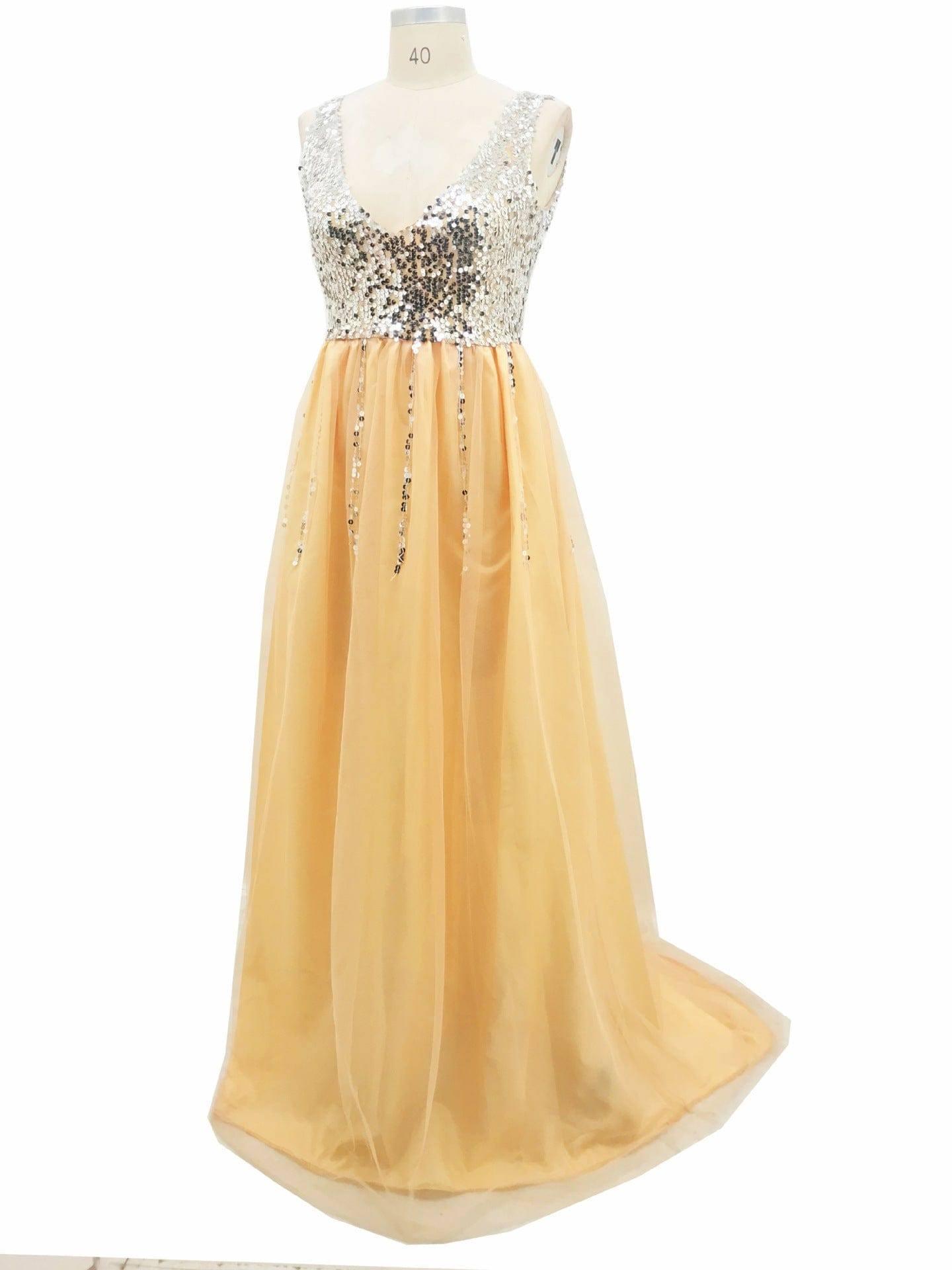 Front And Back V-neck Sequined Floor-length Dovetail Dress-5