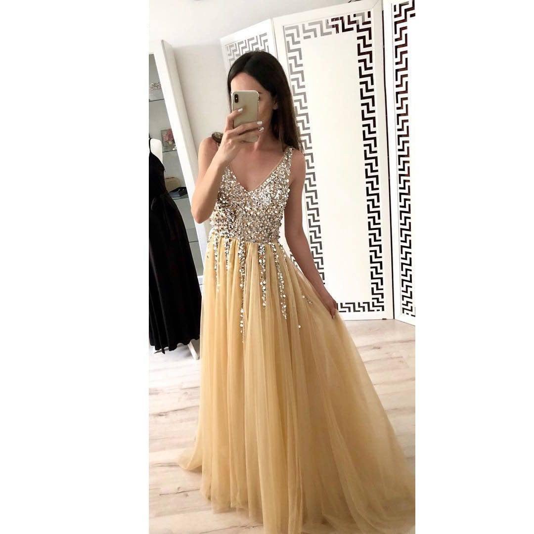 Front And Back V-neck Sequined Floor-length Dovetail Dress-Apricot-7