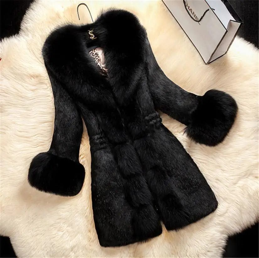 LOVEMI Fur coat Black / M Lovemi - Elegant Imitation Fur Coat with Fox Collar