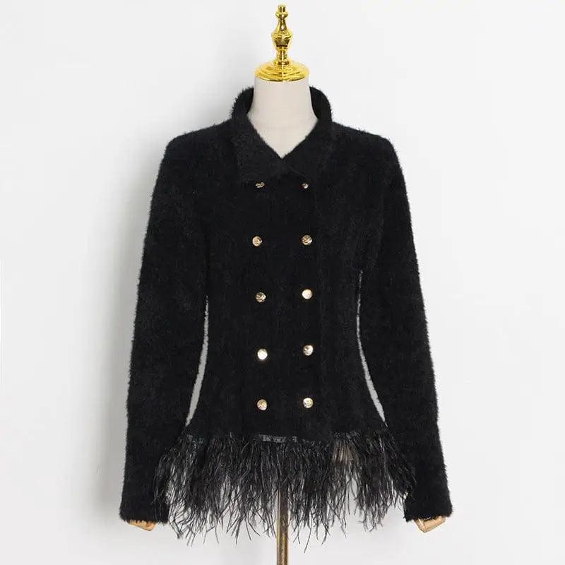 LOVEMI  Fur coat Black / S Lovemi -  Lapel Long Sleeve Slim Double Breasted Tassel Coat Women