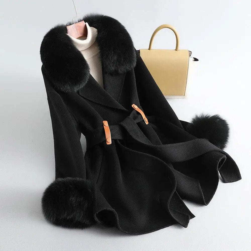LOVEMI  Fur coat Black / S Lovemi -  Women's Fox Fur Collar High Rui Double-sided Cashmere Coat