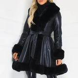 LOVEMI  Fur coat Black / XL Lovemi -  Fur coat with lotus leaf hem and faux leather belt