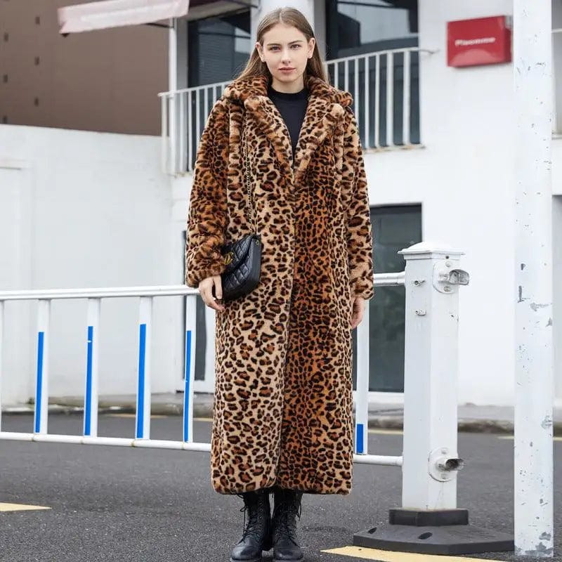 LOVEMI  Fur coat Brown / M Lovemi -  Faux Fur Leopard Print Rabbit Fur Super Long Suit Collar Fur