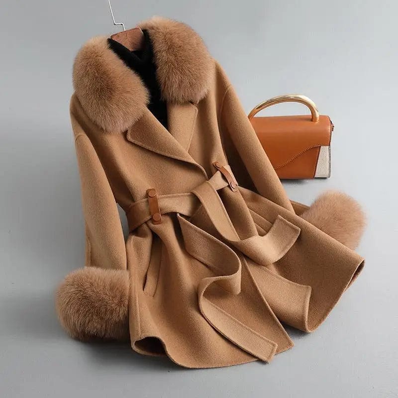 LOVEMI  Fur coat Brown / S Lovemi -  Women's Fox Fur Collar High Rui Double-sided Cashmere Coat