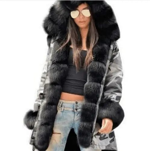 LOVEMI Fur coat Camouflage black / L Lovemi -  Large fur collar warm coat long hooded coat cotton coat