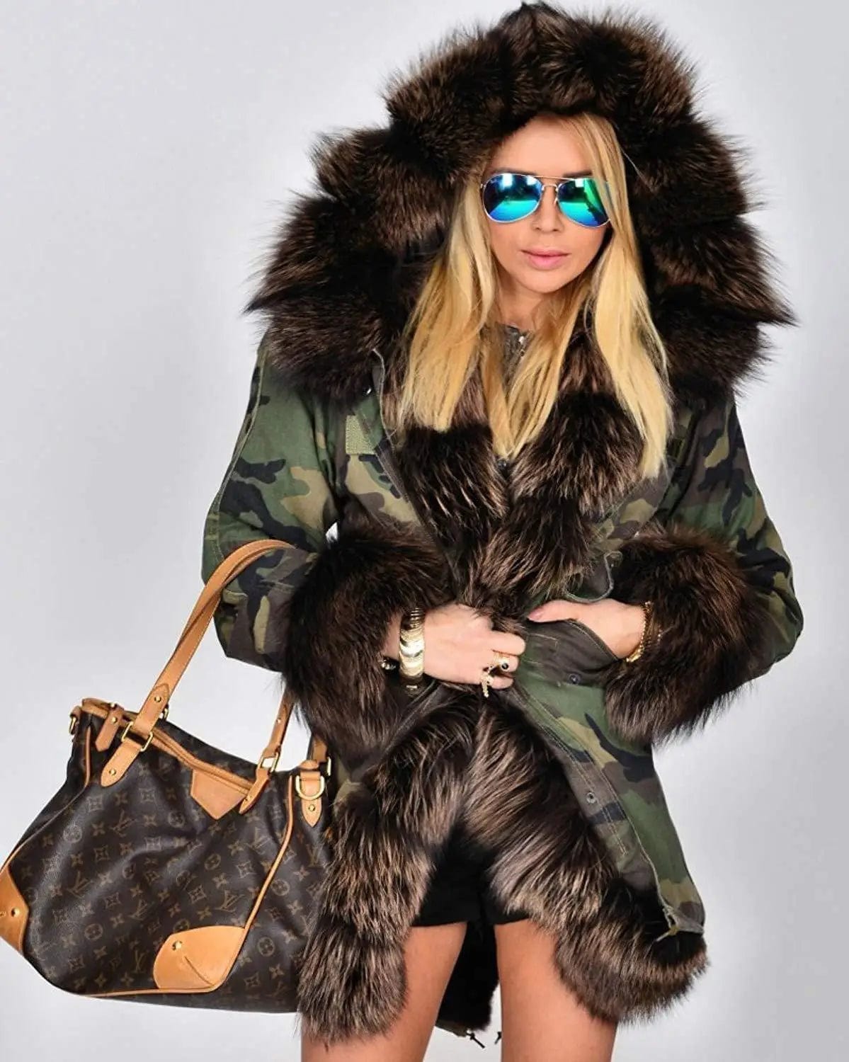 LOVEMI  Fur coat Camouflage green / S Lovemi -  Women's fur collar coat