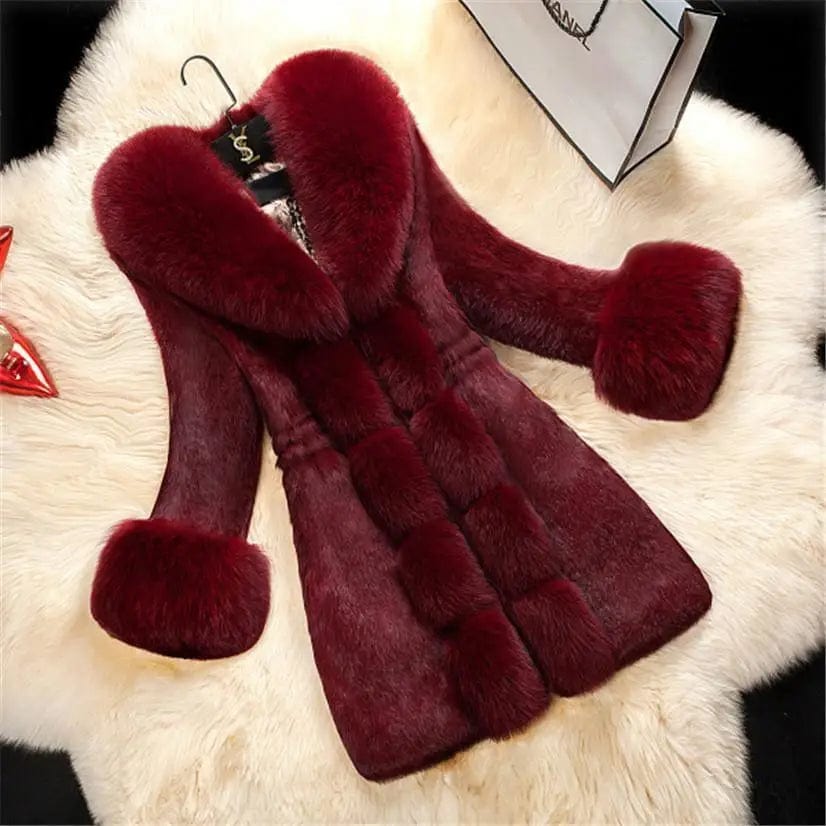 LOVEMI Fur coat Claret / 2XL Lovemi - Elegant Imitation Fur Coat with Fox Collar