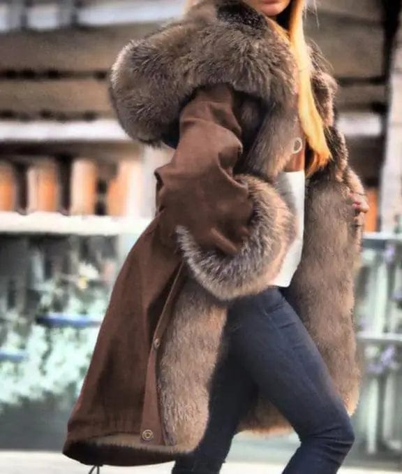 LOVEMI  Fur coat Dark brown / 2XL Lovemi -  Faux crystal fox fur collar fur collar hooded jacket