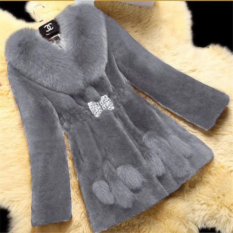 LOVEMI  Fur coat Grey / M Lovemi - Luxurious Mid-Length Mother Coat with Fox Fur Collar