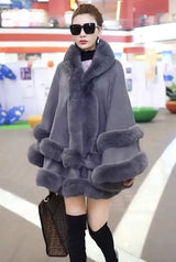 LOVEMI Fur coat Grey / One size Lovemi -  Faux Fox Fur Collar Fur Hooded Knit Cardigan Cape Cape