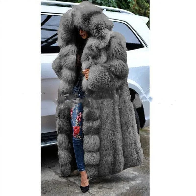 LOVEMI  Fur coat Grey / S Lovemi -  Faux Fur Coat Women Long Hooded Fur Coat