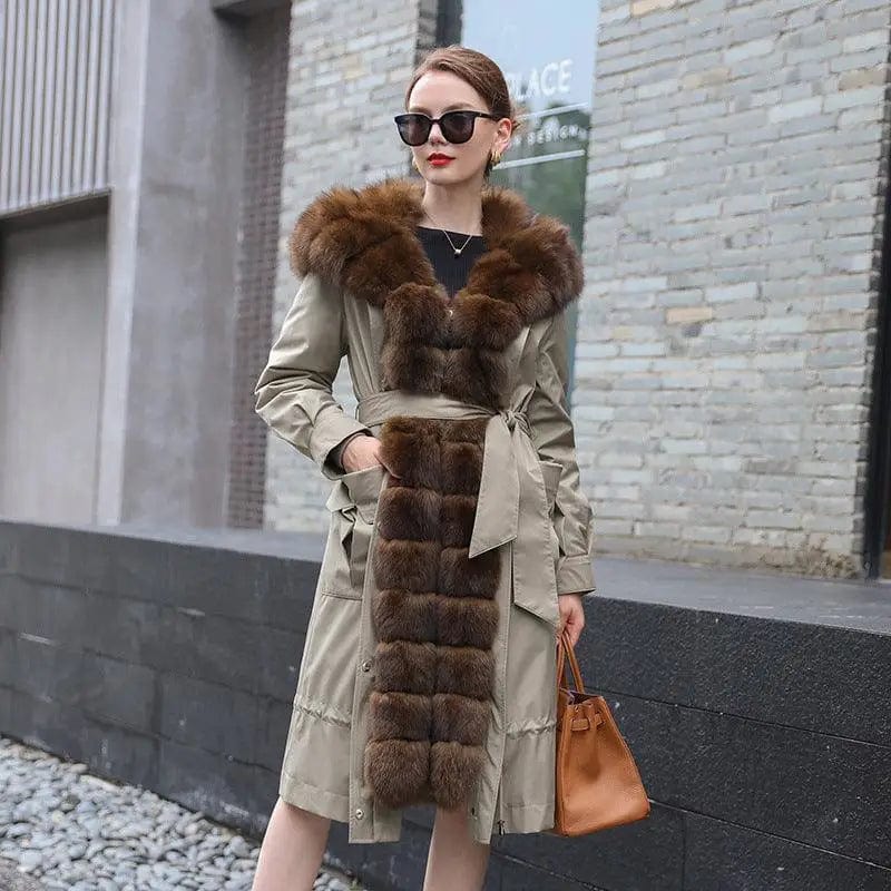 LOVEMI  Fur coat Khaki / M Lovemi -  Long Detachable Rex Rabbit Liner Fur Coat