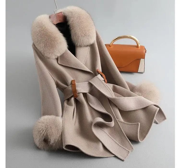 LOVEMI  Fur coat Khaki / S Lovemi -  Women's Fox Fur Collar High Rui Double-sided Cashmere Coat