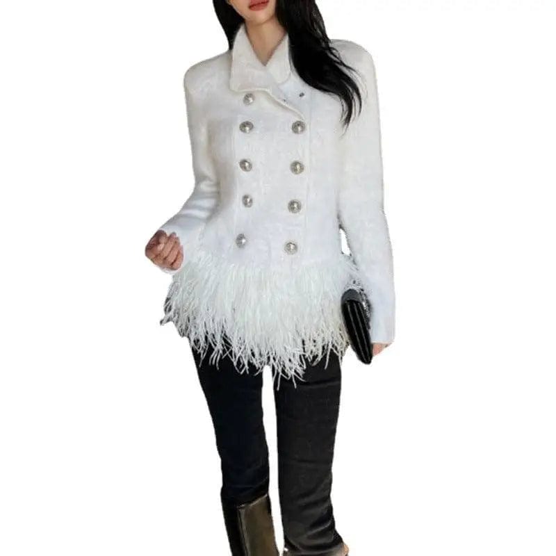 LOVEMI  Fur coat Lovemi -  Lapel Long Sleeve Slim Double Breasted Tassel Coat Women