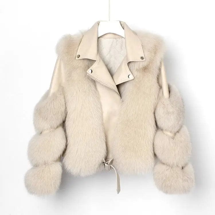 LOVEMI  Fur coat Milk tea color / L Lovemi -  Real fur grass motorcycle fox coat