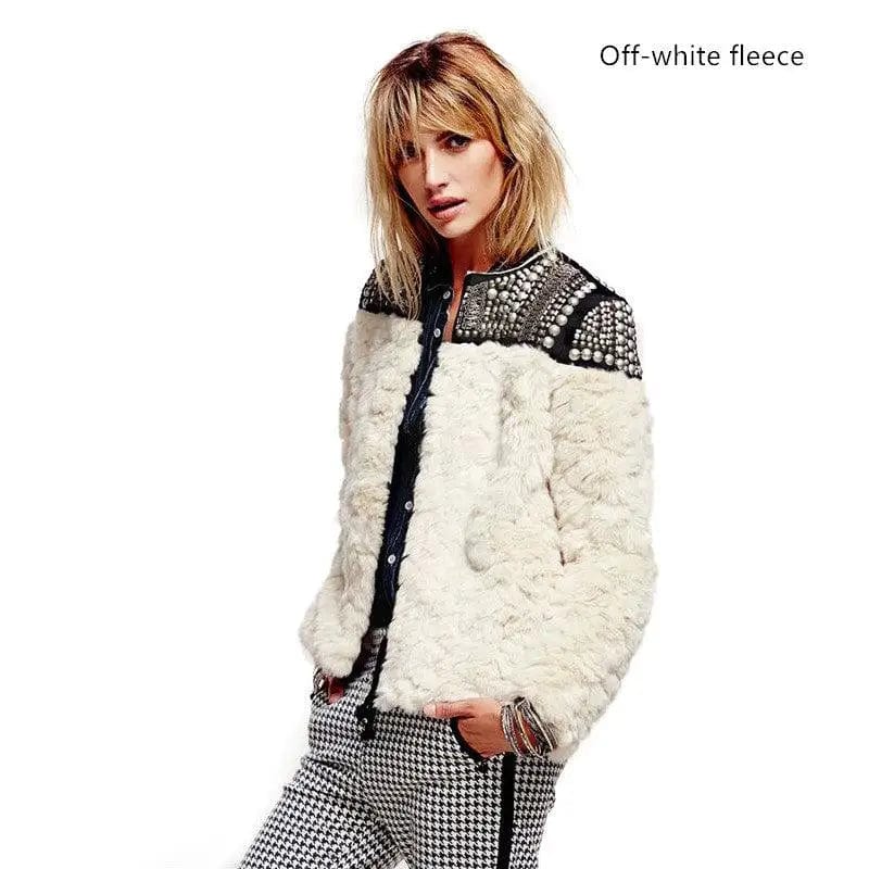 LOVEMI  Fur coat Offwhite fleece / XS Lovemi -  Lamb Wool Beaded Fur Short Coat Thickened Cashmere