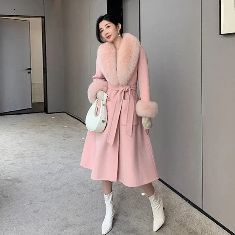 LOVEMI  Fur coat Pink / M Lovemi -  Korean Version Large Fur Collar Slim Fit Medium Long Woolen