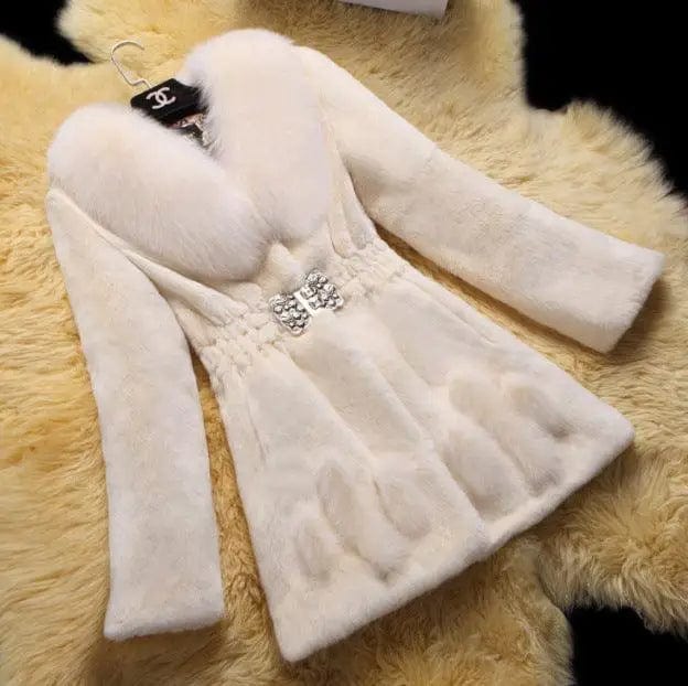 LOVEMI  Fur coat White / 2XL Lovemi - Luxurious Mid-Length Mother Coat with Fox Fur Collar