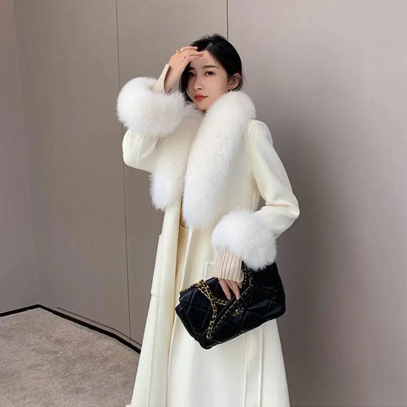 LOVEMI  Fur coat White / M Lovemi -  Korean Version Large Fur Collar Slim Fit Medium Long Woolen
