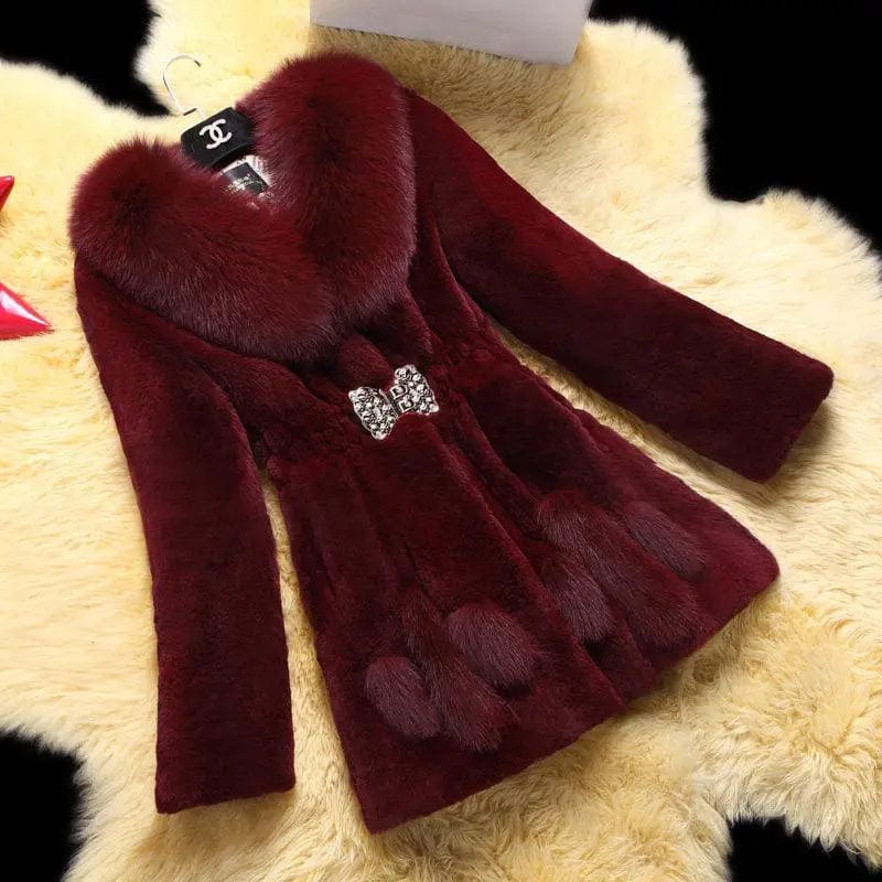 LOVEMI  Fur coat Wine Red / XL Lovemi - Luxurious Mid-Length Mother Coat with Fox Fur Collar