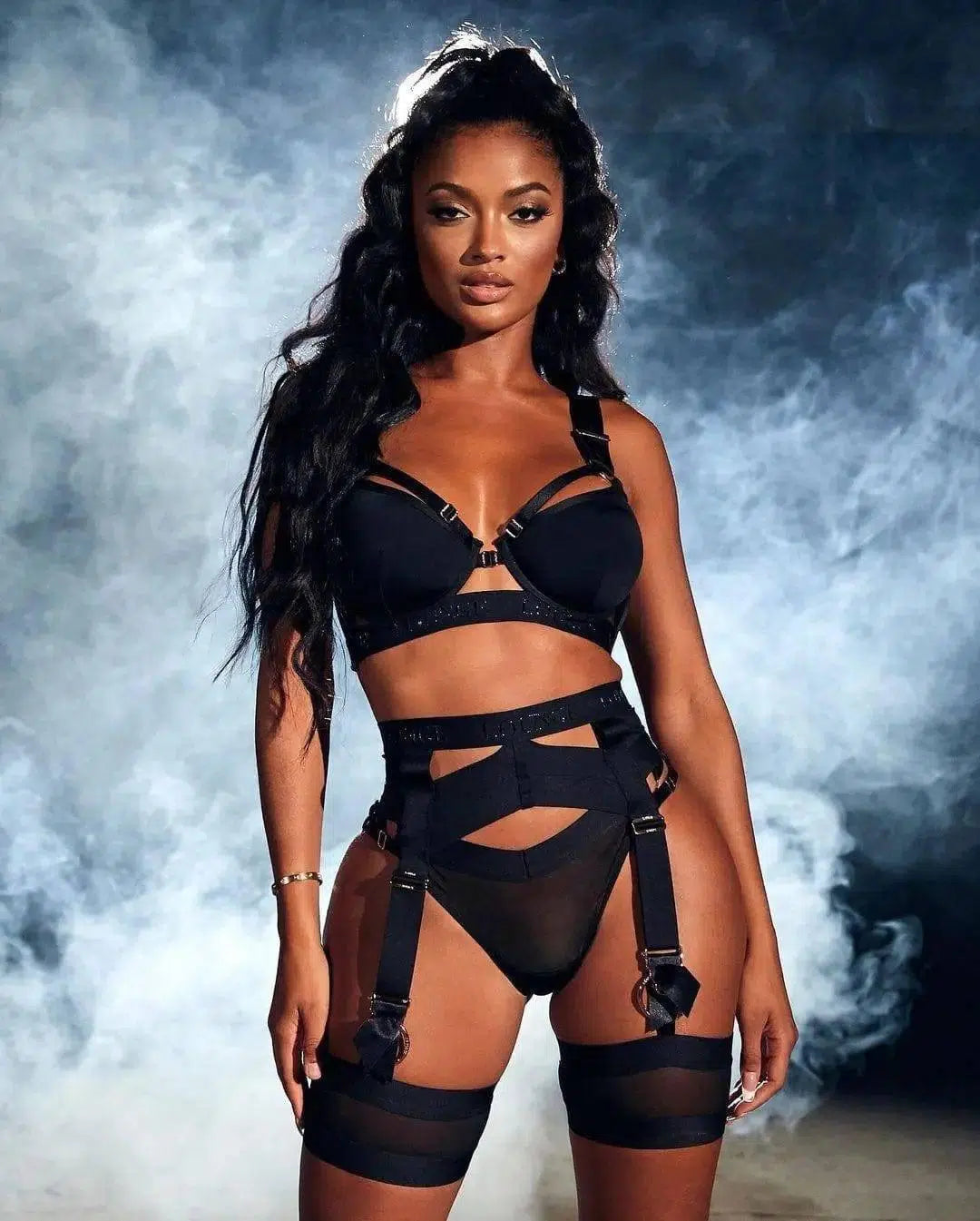 Gathered Mesh Half Garter Sexy Lingerie Three Piece Suit-1