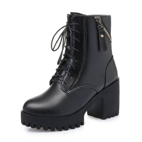 Genuine Leather Fashion High Heel Thick Heel Army Boots-Black single lining-6
