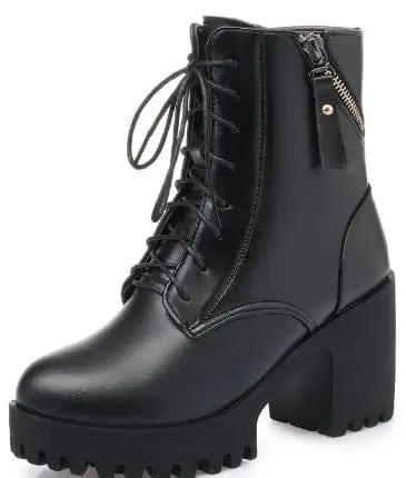 Genuine Leather Fashion High Heel Thick Heel Army Boots-Black fluff-7