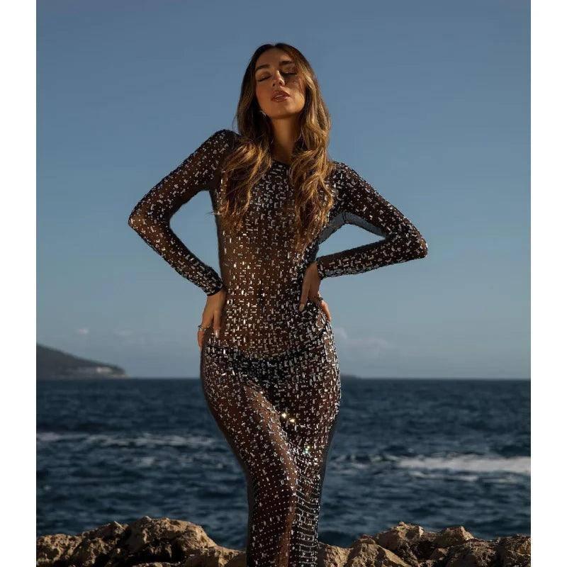 Glitter Mesh See-Through Maxi Dress - Sexy Beach Cover Up-8