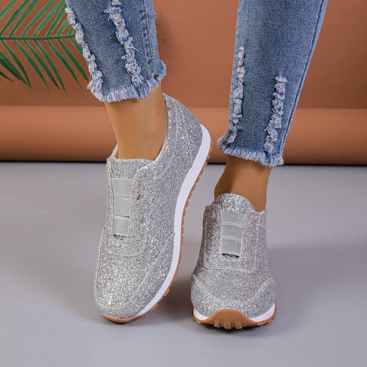Gold Sliver Sequined Flats Fashion Casual Round Toe Slip-on-Silver-2
