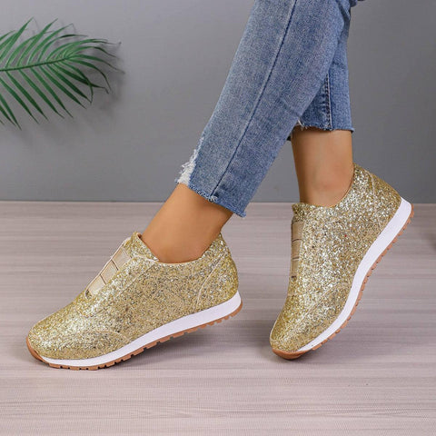 Gold Sliver Sequined Flats Fashion Casual Round Toe Slip-on-Gold-4