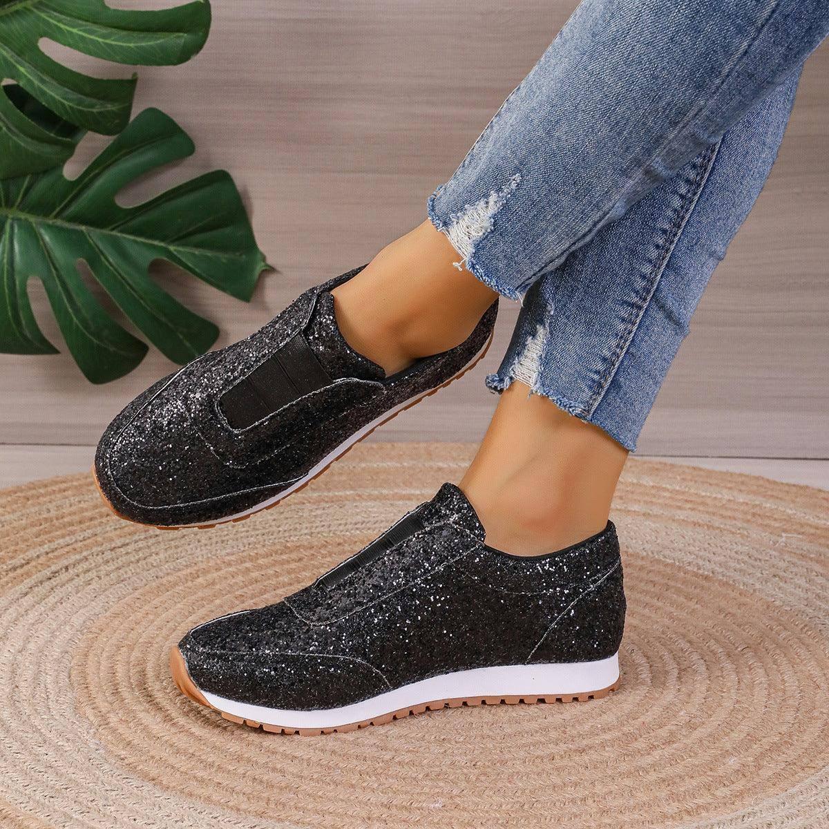 Gold Sliver Sequined Flats Fashion Casual Round Toe Slip-on-Black-6