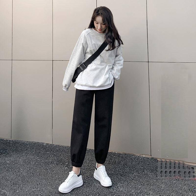 Gray Casual Pants Female Student Autumn And Winter-Black-10