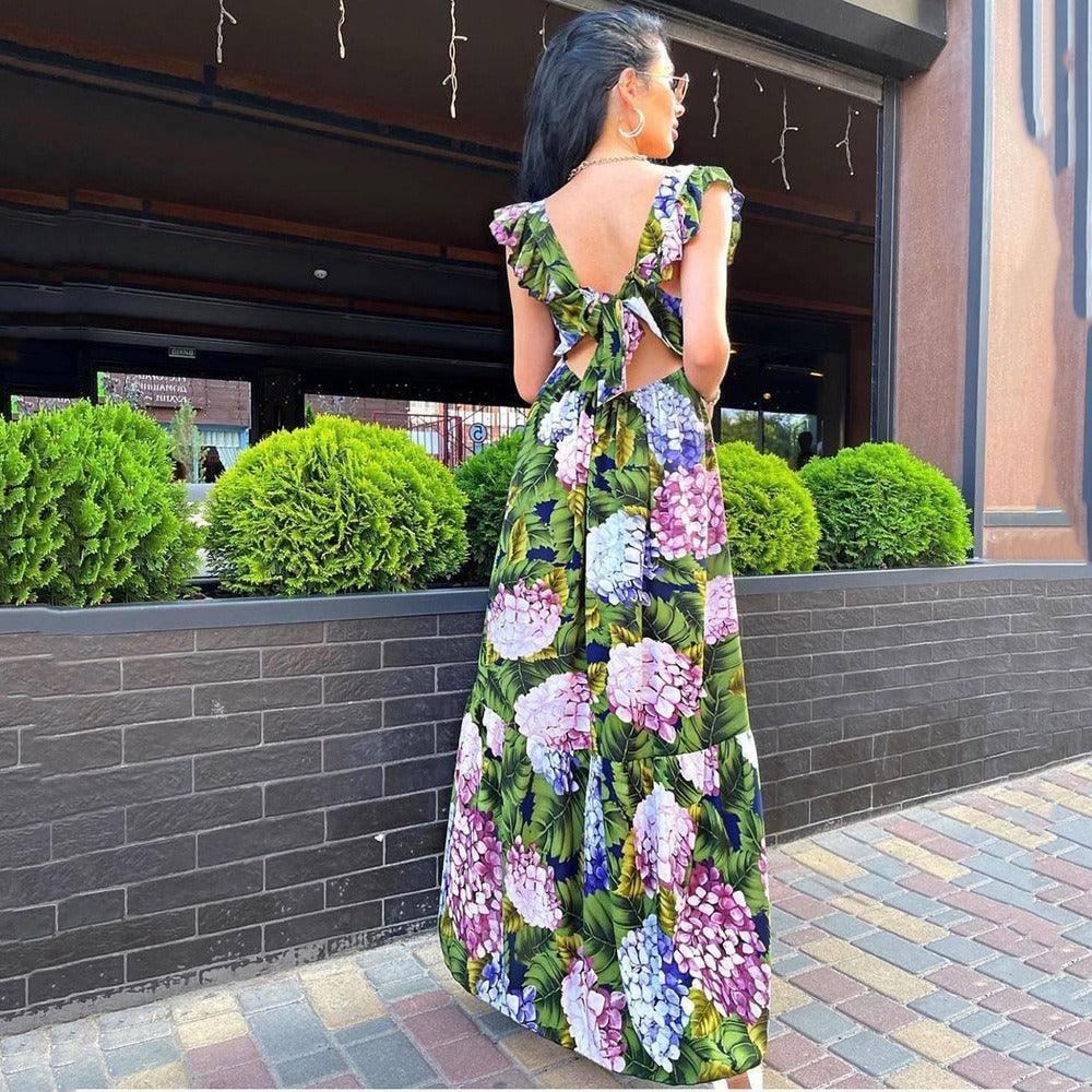 Green Floral Sleeveless Backless Dress-3