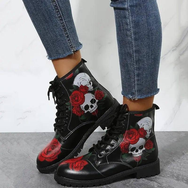 Halloween Shoes Rose Flower Print Lace-up Ankle Boots Women-1