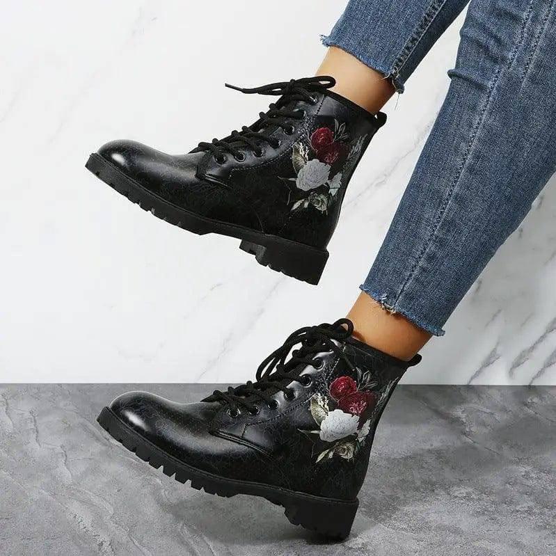 Halloween Shoes Rose Flower Print Lace-up Ankle Boots Women-WhiteRose-2