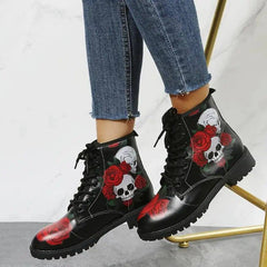 Halloween Shoes Rose Flower Print Lace-up Ankle Boots Women-RedRose-3