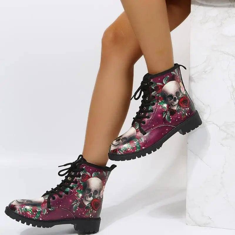 Halloween Shoes Rose Flower Print Lace-up Ankle Boots Women-SkullRose-4