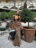 Halter Lace Leopard Print Maxi Dress - Elegant Backless-as pic 2-2