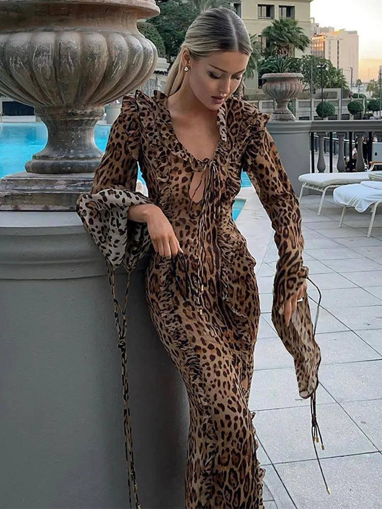LOVEMI - Halter Lace Leopard Print Maxi Dress - Elegant Backless