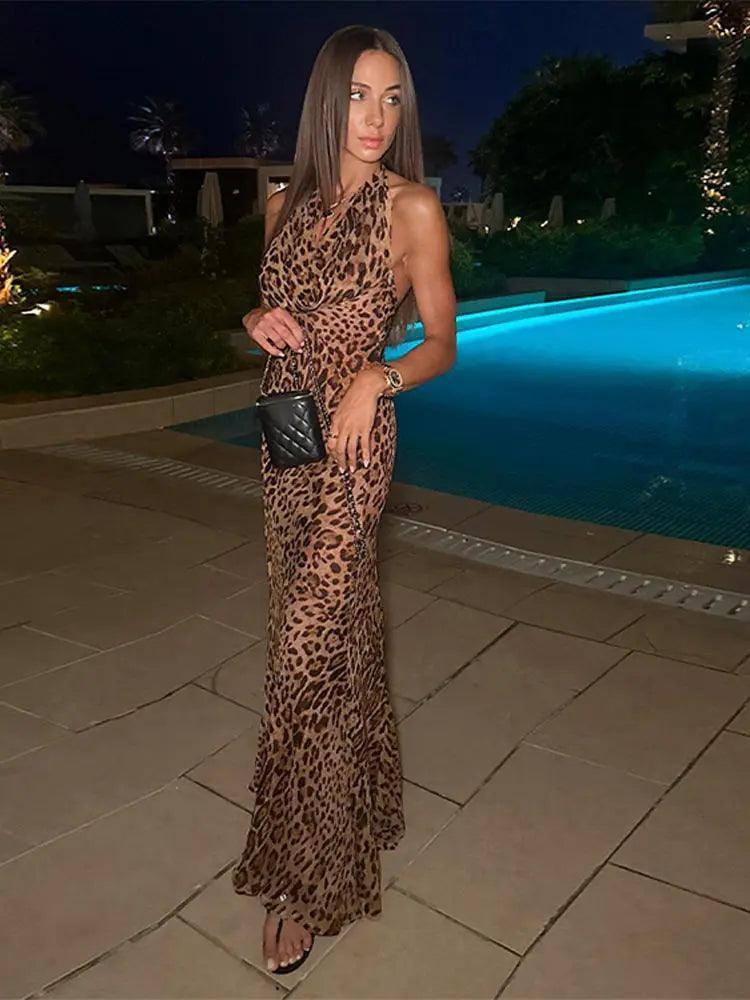 LOVEMI - Halter Lace Leopard Print Maxi Dress - Elegant Backless