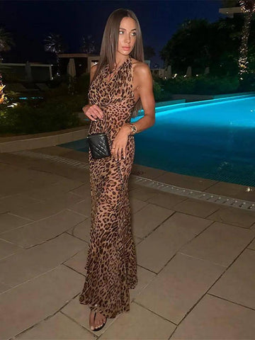 Halter Lace Leopard Print Maxi Dress - Elegant Backless-as pic 1-7
