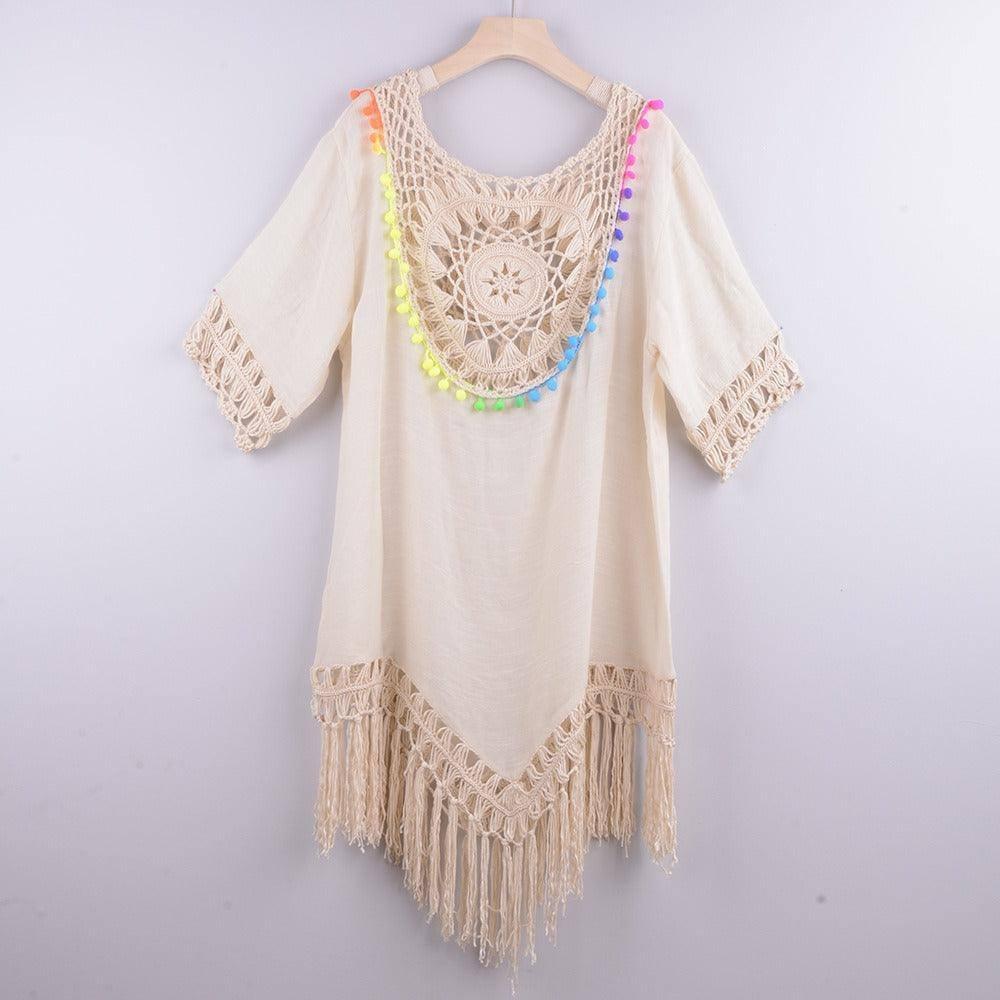 Hand Hook Large Circular Patchwork Loose Tassel Resort Style-Apricot Color-9