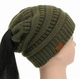 LOVEMI  Hats Armygreen Lovemi -  High Bun Ponytail Beanie Hat Chunky Soft Stretch Cable Knit