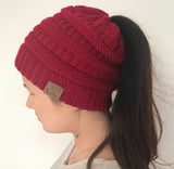 LOVEMI  Hats Red Lovemi -  High Bun Ponytail Beanie Hat Chunky Soft Stretch Cable Knit