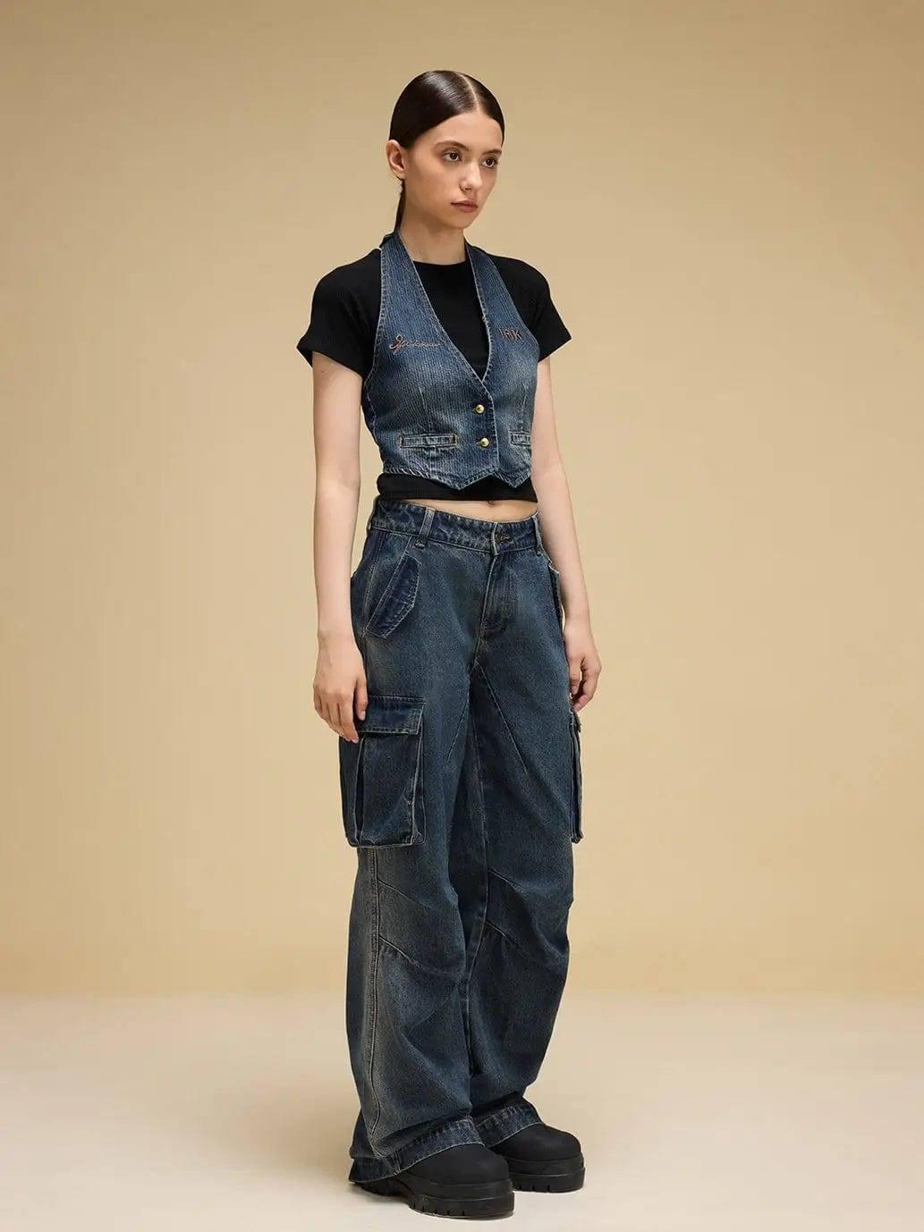 Heavy Industry Loose Wide-leg Denim Overalls-3