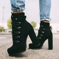 Heeled Boots For Women Round Toe Lace UP High Heels Boots-Black-2